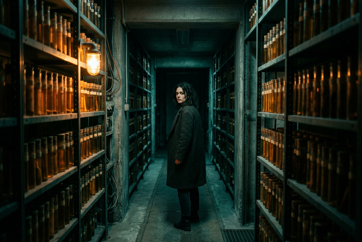 Une femme en manteau sombre se retourne dans un couloir d'archives de laboratoire, entre des rayonnages de fioles ambrées.